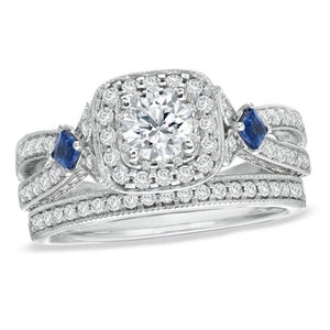 Vera Wang Love Collection 3/4 CT Diamond and Sapphire Bridal Set in Sterling Silver Antique Bezel Set Unique Style Engagement & Wedding Ring