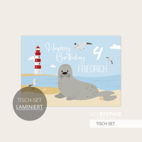 TISCHSET Seehund - Kindergeburtstag - DinA4 - LAMINIERT (zum abwischen) - personalisiert