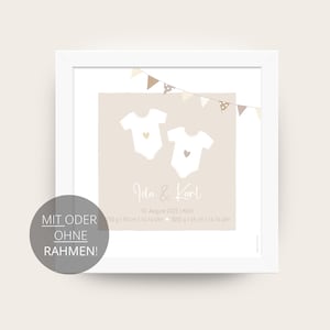 GEBURTSPOSTER Babybody Zwillinge (beige) - quadratisch - Maße wählbar - personalisierbar