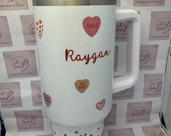 GLITTER LOVEHEARTS 40oz quencher Stanley dupe tumbler vacuum sealed with lid,  Andy hearts, red sparkle, personalised