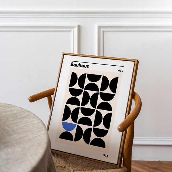 Bauhaus Poster, Geometric Abstract Wall Art, Modern Minimalist Home Decor, Museum Exhibition Poster, Black White Blue Art Digital Prints