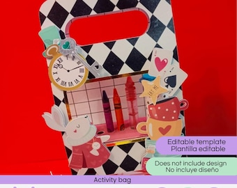 May include: A die-cut activity bag featuring a black and white diamond pattern, decorated with illustrations of a clock, a key, playing cards, a rabbit, and stacked teacups. The bag includes a grid section holding two crayons and a small bottle.