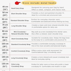 May include: A chart detailing bag strap lengths, ranging from 16 inches to 55 inches (40 cm to 140 cm). Each length is paired with a strap type, such as "Hand Carry Strap" and "Long Crossbody Strap", and a brief description of its use and style.