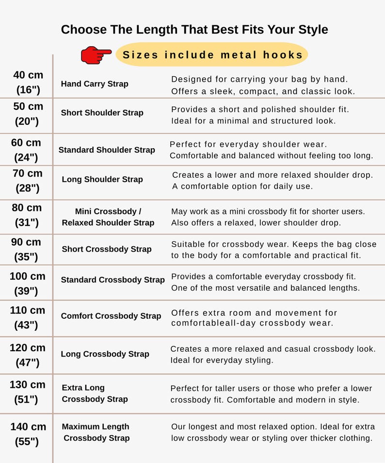 May include: A chart detailing bag strap lengths, ranging from 16 inches to 55 inches (40 cm to 140 cm). Each length is paired with a strap type, such as "Hand Carry Strap" and "Long Crossbody Strap", and a brief description of its use and style.