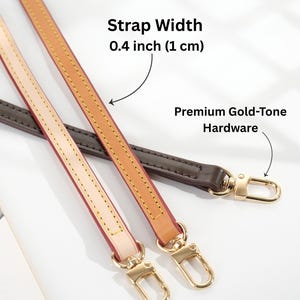 May include: Close-up of three leather bag straps in varying shades of brown. The straps have gold-tone hardware and are 0.4 inches (1 cm) wide. The text indicates "Premium Gold-Tone Hardware".