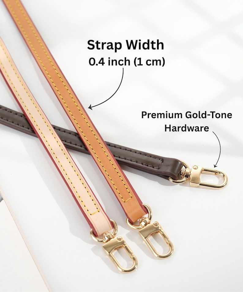 May include: Close-up of three leather bag straps in varying shades of brown. The straps have gold-tone hardware and are 0.4 inches (1 cm) wide. The text indicates "Premium Gold-Tone Hardware".