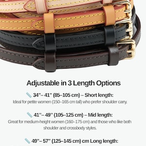 May include: A selection of adjustable leather bag straps in tan, light brown, black, and dark brown. Each strap features gold-coloured buckles and stitching. The image shows the straps are adjustable in three length options: 85-105 cm, 105-125 cm, and 125-145 cm.