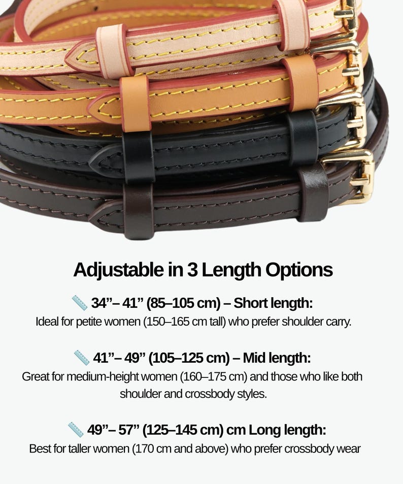 May include: A selection of adjustable leather bag straps in tan, light brown, black, and dark brown. Each strap features gold-coloured buckles and stitching. The image shows the straps are adjustable in three length options: 85-105 cm, 105-125 cm, and 125-145 cm.