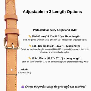 May include: A brown leather adjustable strap with a gold buckle. The strap is available in three lengths: 85-105 cm (33.4"-41.3"), 105-125 cm (41.3"-49.2"), and 125-145 cm (49.2"-57.1"). The strap is 1.7 cm (0.66") wide.