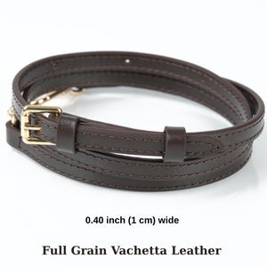 May include: A dark brown, full-grain vachetta leather strap, 1 cm wide, with gold-coloured metal hardware. The strap is coiled and features detailed stitching.