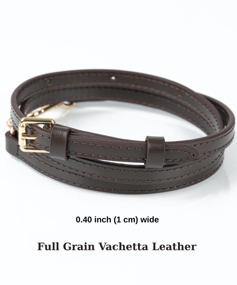 May include: A dark brown, full-grain vachetta leather strap, 1 cm wide, with gold-coloured metal hardware. The strap is coiled and features detailed stitching.