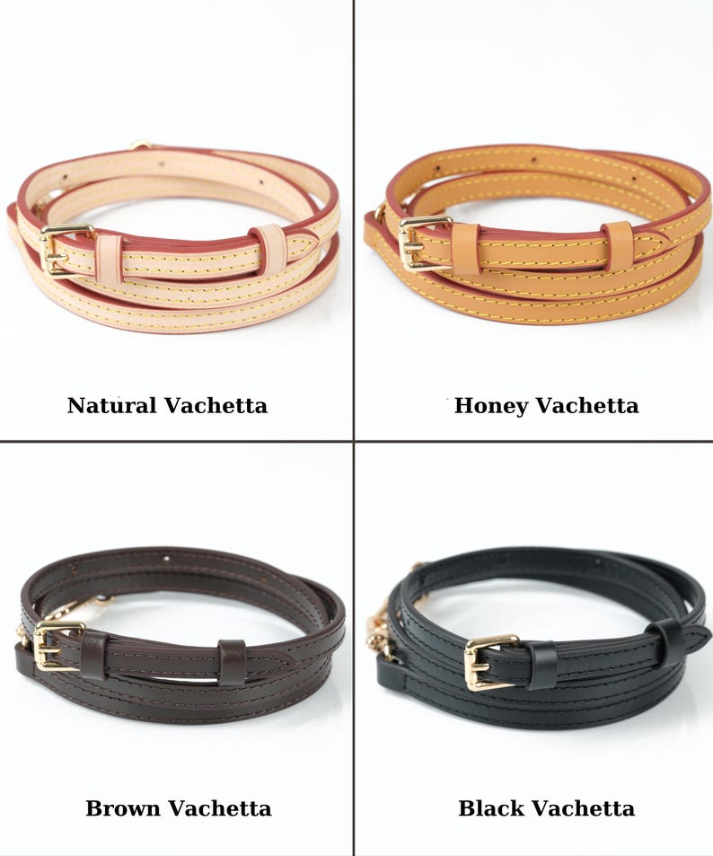 May include: Four leather bag straps in various colours: natural, honey, brown, and black. Each strap is coiled and has a gold-tone buckle. The text "Natural Vachetta", "Honey Vachetta", "Brown Vachetta", and "Black Vachetta" is below each strap.
