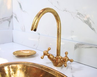 Unlacquered Brass Gooseneck Brass Faucet, Hammered Style