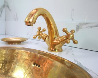 Unlacquered Brass Bathroom Faucet with Simple Cross Handles, Brass Bathroom Faucet