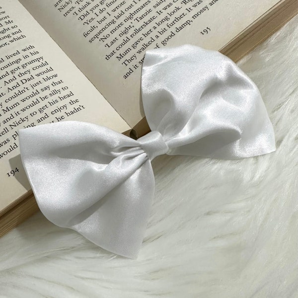 White Satin Luxury Hair Bow | 5 Inch White Hairbow | White Satin Hairclip | Hair Bows UK | Hair Accessories | Cute Gifts for Her | Hairbows