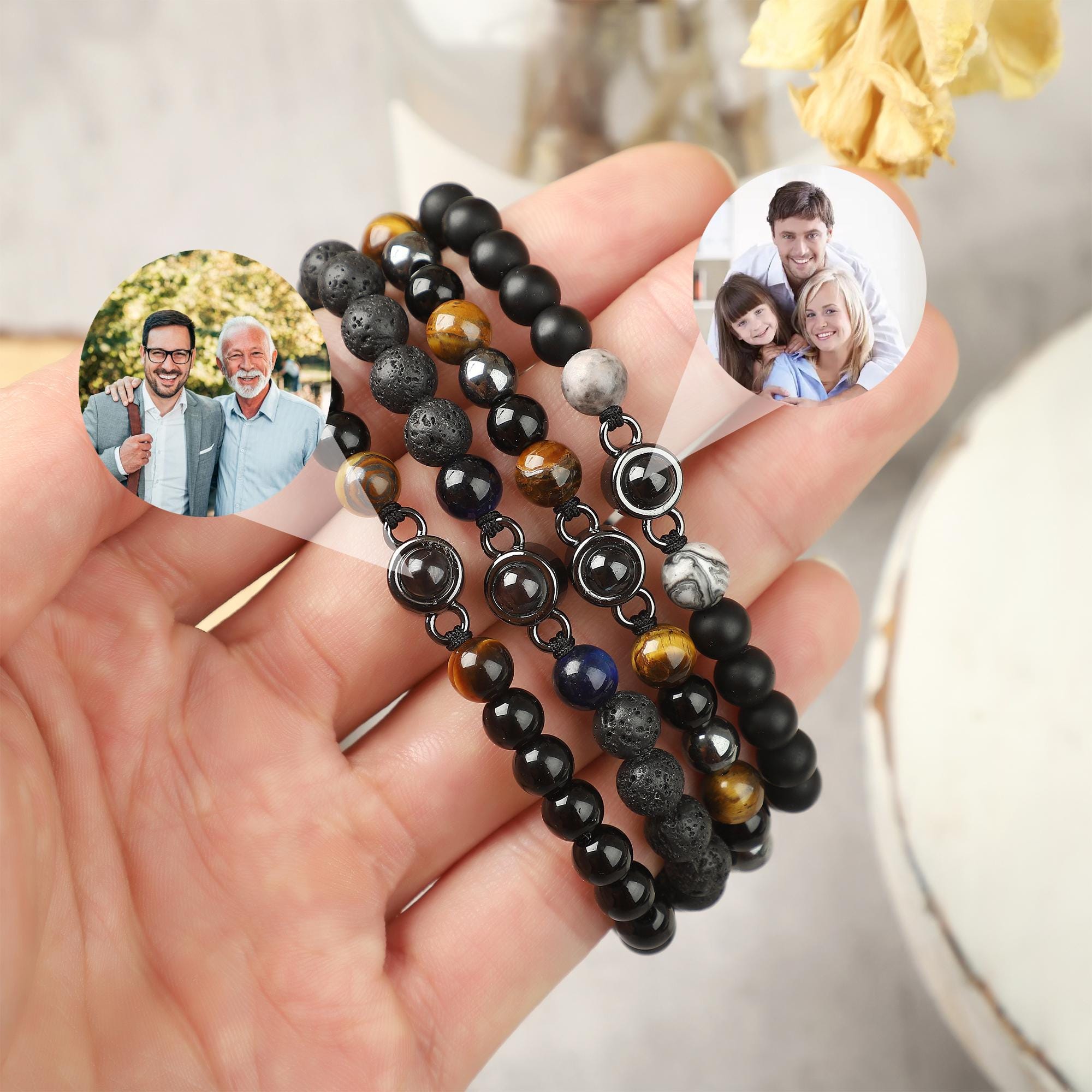 Beaded Projection Photo Bracelet for Men,Photo Projection Beaded Bracelet,Photo Inside Memorial Bracelet,Anniversary Gift,Father's Day Gift