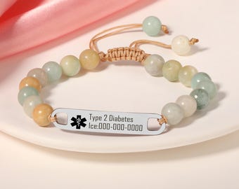 Personalized Beaded Medical Alert Bracelet,Womens Medical ID Bracelet,Engraving Emergency ID Bracelet,Gift for Diabetic Epilepsy Patient