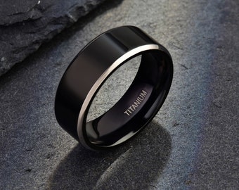 Anillo de titanio negro, anillo de boda para hombre minimalista y ligero, alianza negra con borde plateado, regalo para él, regalo de cumpleaños