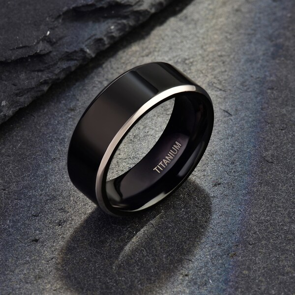 Bague en titane noir, bague de mariage minimaliste et légère pour hommes, alliance noire avec bord argenté, cadeau pour lui, cadeau d’anniversaire