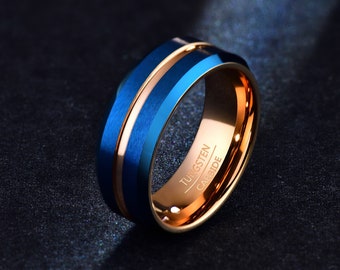 Durable Tungsten Ring Men, Mens Wedding Band, 8mm Tungsten Band with Groove, Blue Ring, Rose Gold Wedding Ring, Gift for Him, Mens Jewelry