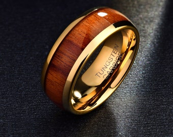 8mm Gold Tungsten Ring, Wooden Band, Mens Wedding Band, Wedding Ring, Comfort Fit Men Ring Gift, Gift for Him, Christmas Gift