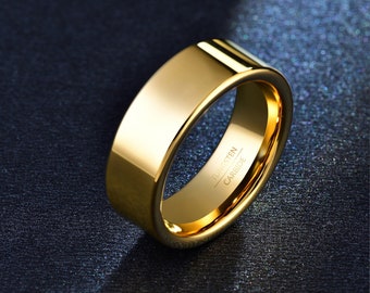 Mens Gold Wedding Band, Tungsten Ring Men, Polished Tungsten Carbide Ring, Custom Wedding Ring for Couple, His and Hers Engagement Ring