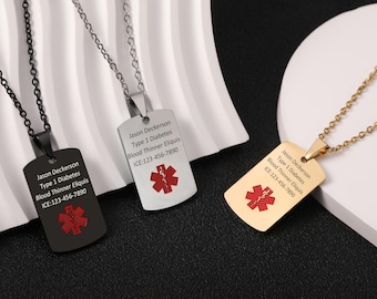 Personalized Medical Alert Necklace for Men,Engraved Medical ID Tag,Medical ID Necklace,Autism Dementia Diabetic Necklace,Medical Jewelry.