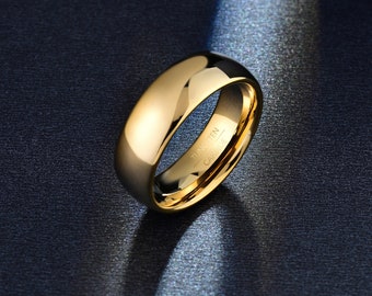 Personalized Gold Wedding Band, Mens Tungsten Ring, Polished Tungsten Carbide Ring, Custom Gold Wedding Ring for Couple