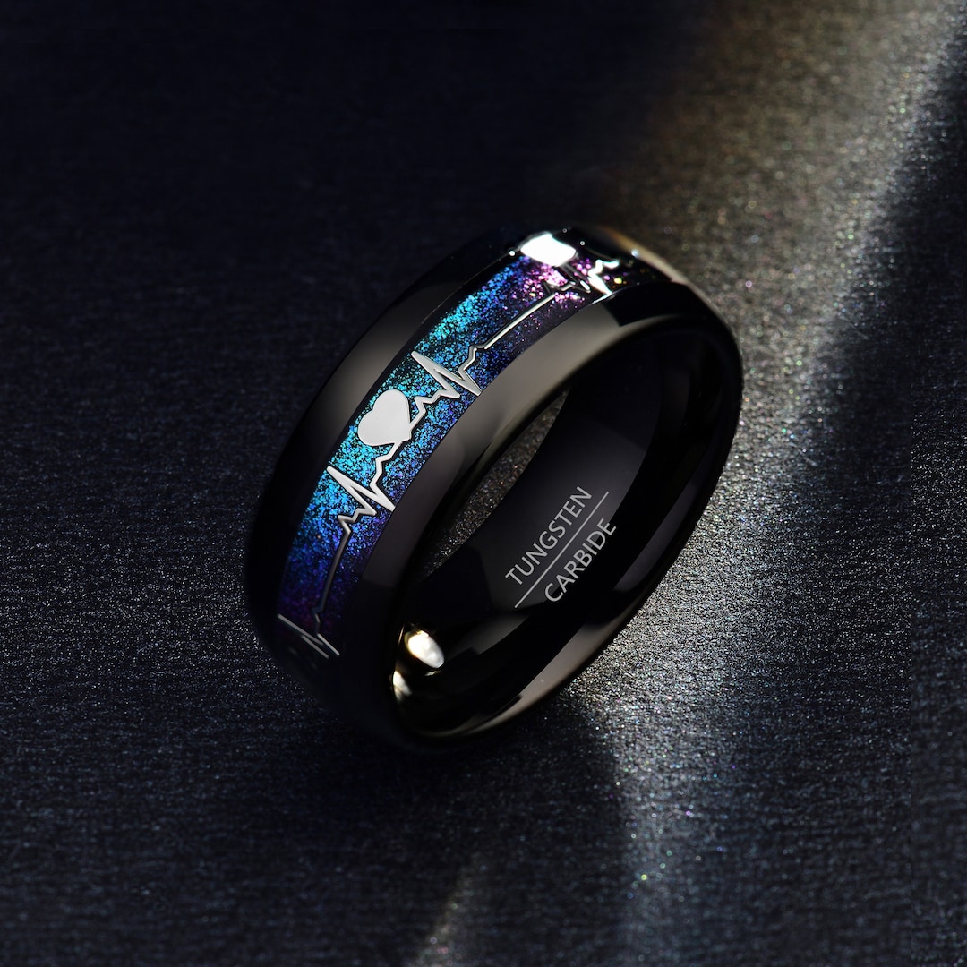 Shardon Men's Black Tungsten Wedding Ring – 8mm Bevel Edge With Laser-Engraved Heartbeat Design