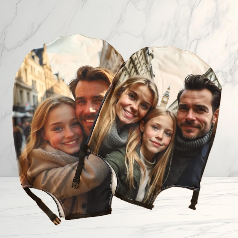 May include: A family of four, two adults and two children, are smiling and looking at the camera. They are standing in front of a city street with buildings in the background. The image is printed on a fabric cover for a chair.