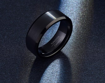 Tungsten Ring Men, Black Wedding Band, Tungsten Carbide Ring with Edge , Personalised Wedding Ring, Men Ring for Husband/Fiancé/Partner