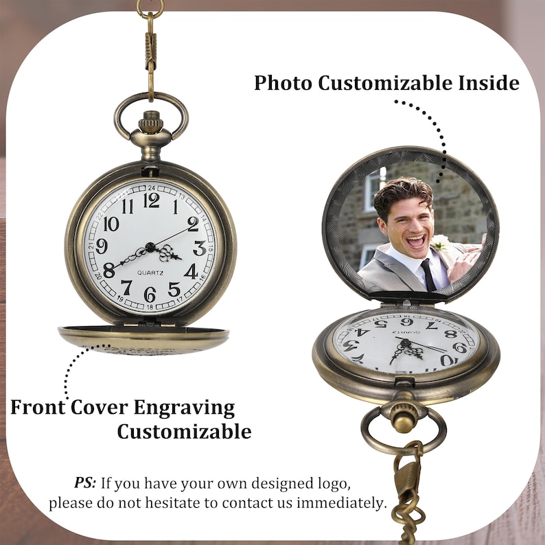 May include: Vintage bronze pocket watch with a white clock face and black numerals. The front cover is open, revealing the clock face. The back cover is open, revealing a photo. Text on the image says "Photo Customizable Inside" and "Front Cover Engraving Customizable."