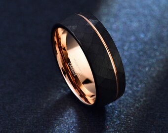 Black Tungsten Ring, Mens Wedding Band with Rose Gold Groove, 6mm/8mm Matte Tungsten Couple Promise Ring Engagement Ring,Gift for Him