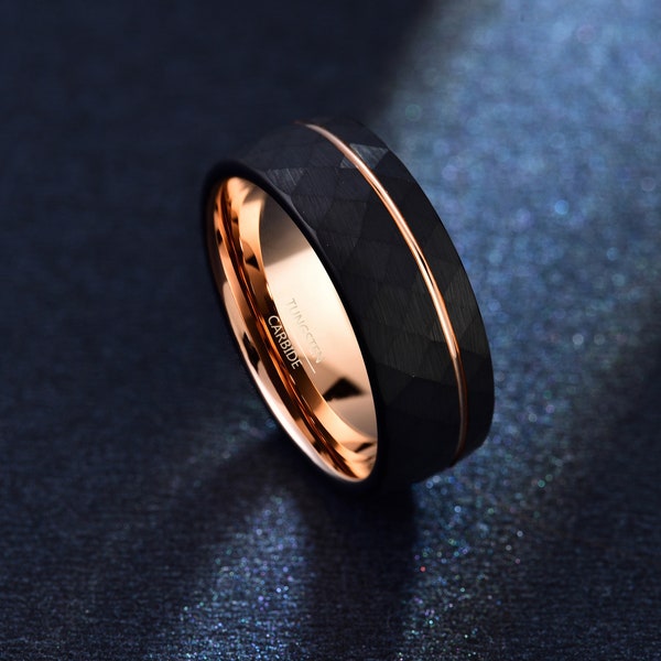 Anillo de tungsteno negro, banda de boda para hombres con ranura de oro rosa, anillo de compromiso de pareja de tungsteno mate de 6 mm/8 mm, regalo para él