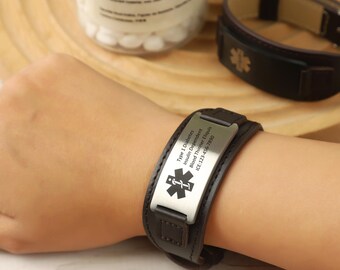 Custom Leather Medical Alert Bracelet: Engraved Emergency ID Jewelry