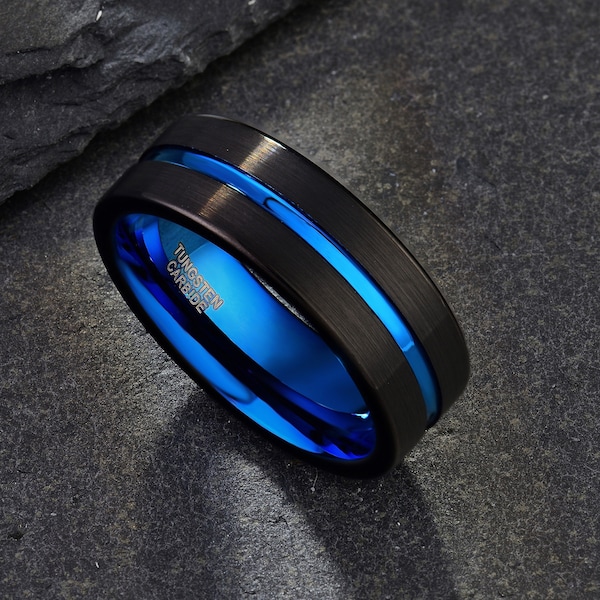 Tungsten Ring Men, Classic Wedding Band with Groove, 8mm Blue+Black Mens Tungsten Band, Promise Ring Engagement Ring,Gift for Him