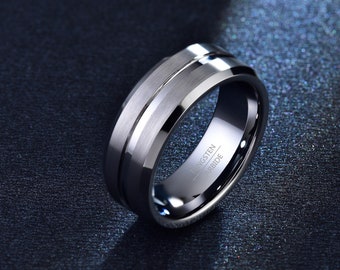 Silver Matte Tungsten Wedding Band with Groove, 8mm Mens Tungsten Ring, His and Hers Wedding Ring Promise Ring Engagement Ring Couple