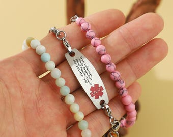 Medical Alert Bracelet for Women,Custom Beaded Medical ID Bracelet,Engraved Emergency Bracelet,Gift for Allergies Diabetes Epilepsy Patients
