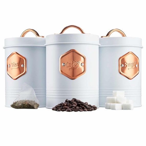 Cooks Professional Tea Coffee Sugar Canisters Bin Jar Storage piece  White/Copper