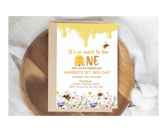 Editable / Bee One / Birthday Invitation / Templates / Yellow / Honey /