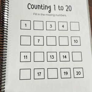 May include: A spiral-bound workbook page with the title "Counting 1 to 20." The page features a grid of squares with some numbers filled in, and blank spaces for children to complete the sequence. The workbook is on a wooden surface.
