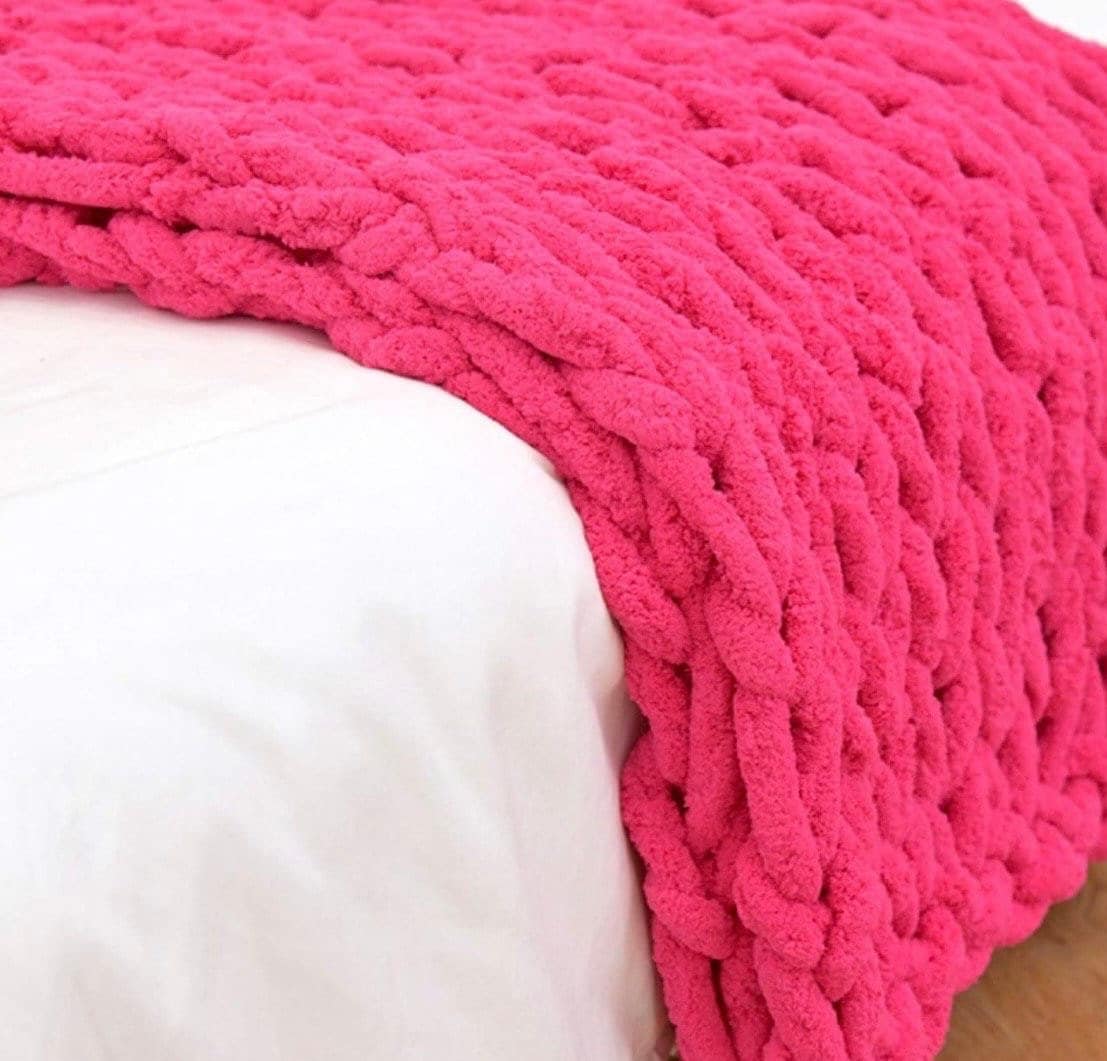 Hot Pink Chunky Knit Blanket, Throw Blankets for Bed or Sofa, Fluffy Soft Blanket, Baby Blanket