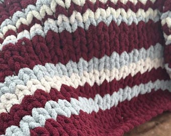 Handmade Chunky Knit Chenille Throw Blanket - Maroon, Gray, and White