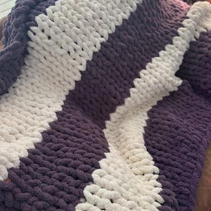 Handmade Chunky Knit Blanket: Purple and White Chenille Throw