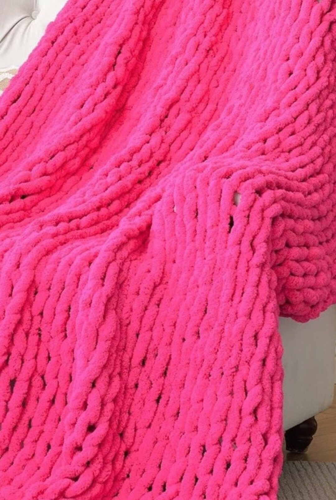 Hot Pink Chunky Knit Blanket, Throw Blankets for Bed or Sofa, Fluffy