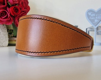 Handmade english bridle leather padded hound collar in light Havana.