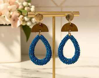 Teal Beaded Teardrop & Wedge Earrings