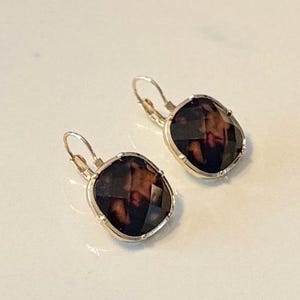 May include: A pair of gold-toned leverback earrings. Each earring features a faceted, dark brown gemstone with lighter brown and amber inclusions. The gemstones are set in a square-shaped frame.