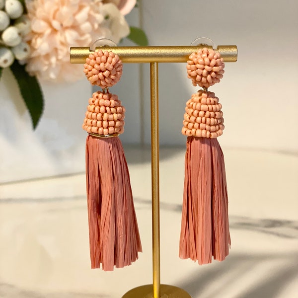 Pink Bead & Raffia Tassel Earrings