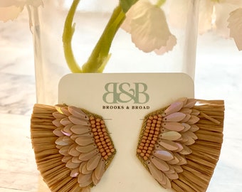 Pink Raffia & Sequin Wing Earrings